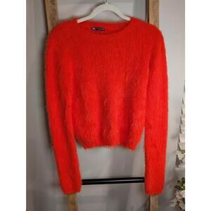 Zara Orange Fuzzy Knit Sweater with Back Cutout Large